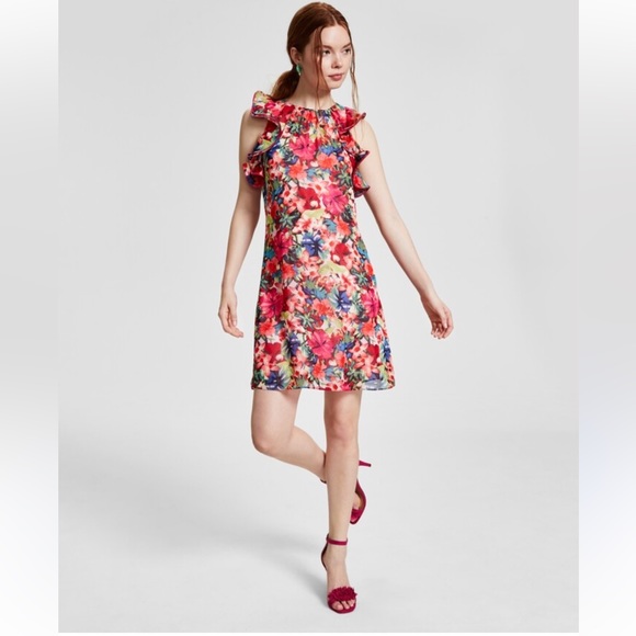 Vince Camuto $138 NWT Floral-Print Ruffled-Sleeve Dress Size 10 - Picture 1 of 12